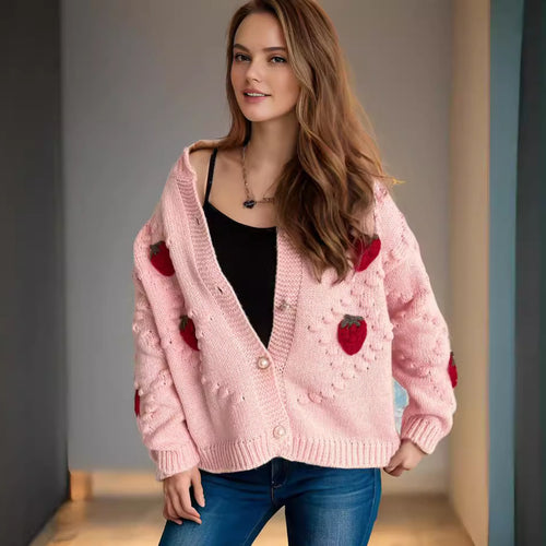 Knit jacket for women with a playful strawberry pattern and Amarae button details