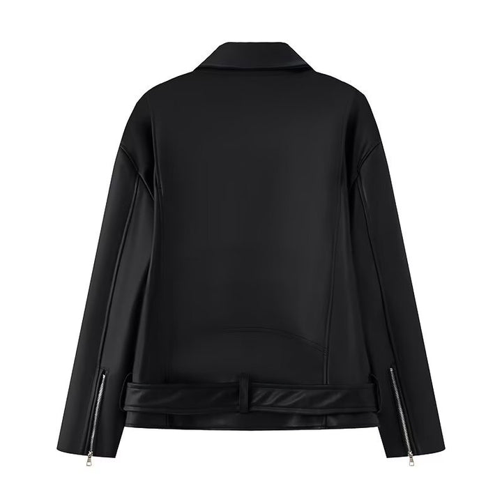Faux leather motorcycle jacket for women with practical zip pockets and belt Lune London