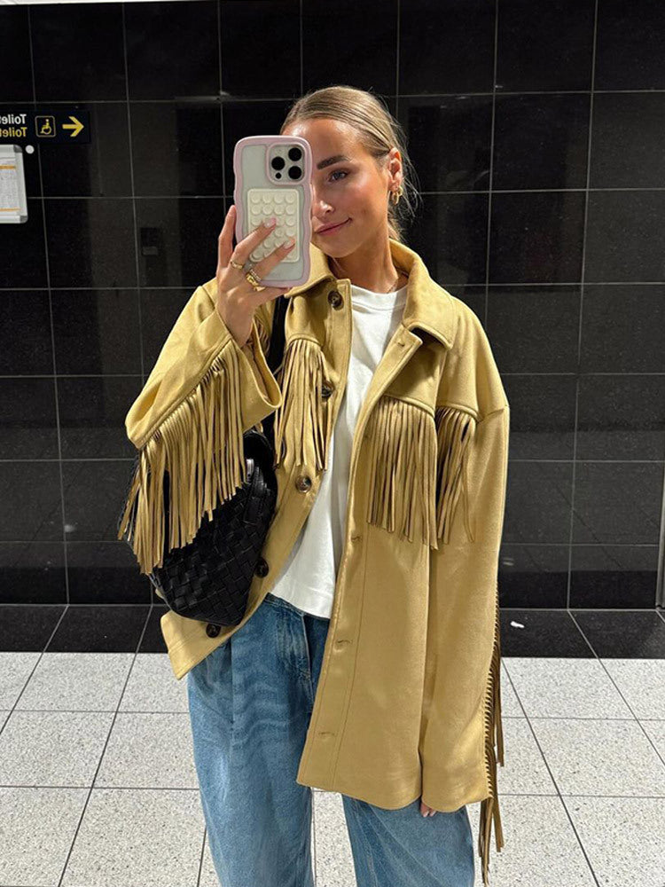 Women’s Oversize Fringe Jacket in Western Style made of Suede-Look with Shirt Collar Amarae