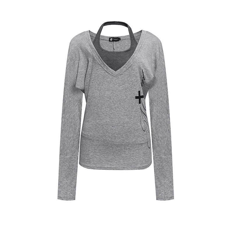Women's layer long-sleeve shirt with deep V-neck, halter inner layer and side script print Amarae