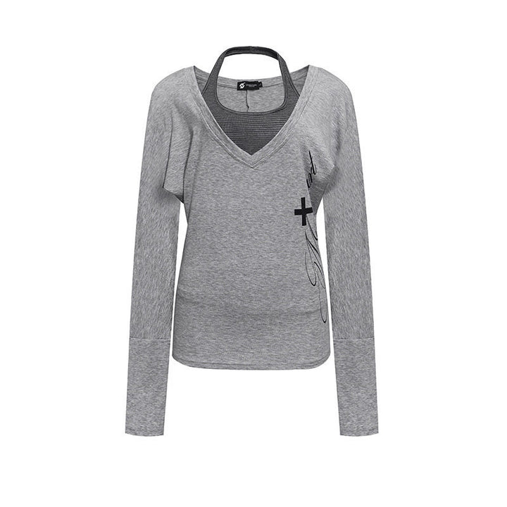 Women's layer long-sleeve shirt with deep V-neck, halter inner layer and side script print Amarae