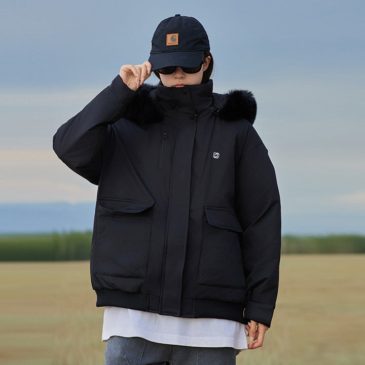 Ladies insulated puffer coat with removable faux fur collar and large front pockets Lune London