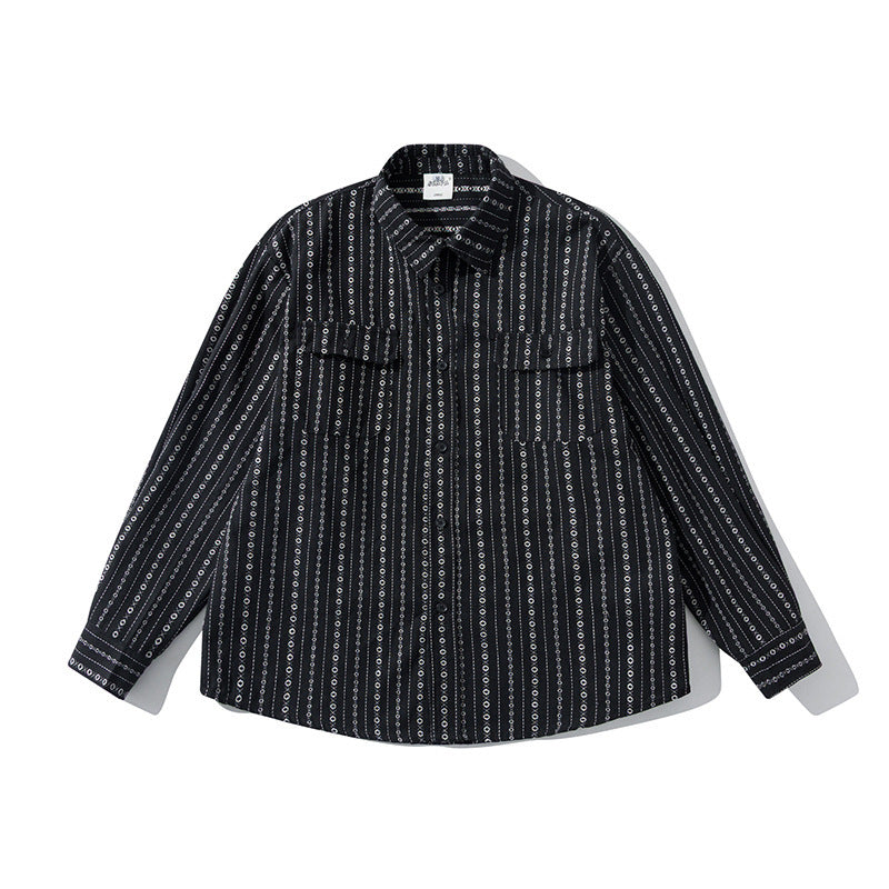 Men's Loose Shirt in Overshirt Style with Graphic Stripe Pattern and Chest Pockets Amarae