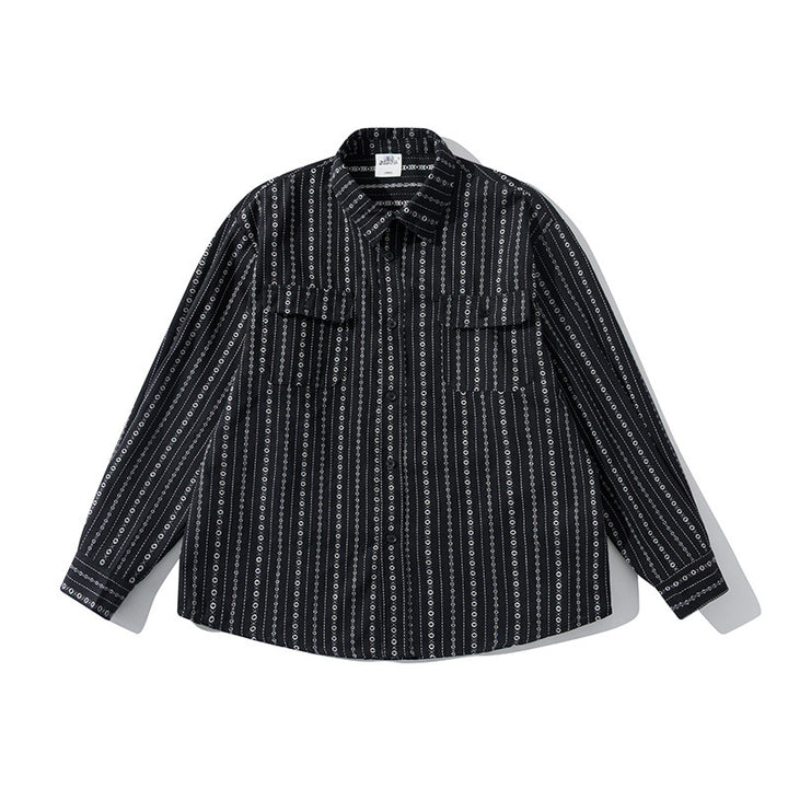 Men's Loose Shirt in Overshirt Style with Graphic Stripe Pattern and Chest Pockets Amarae
