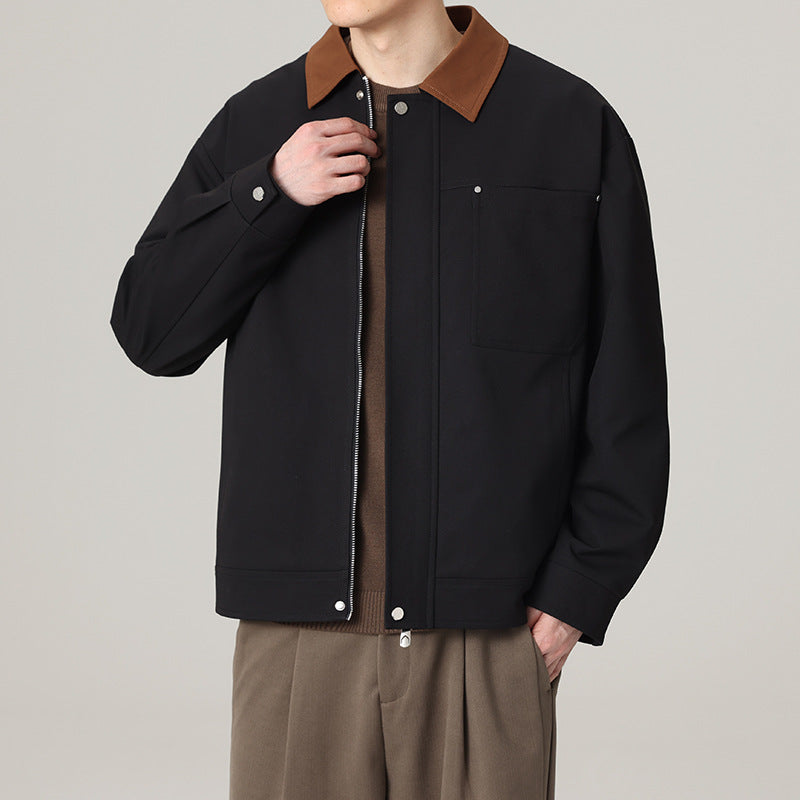 Men's short jacket in workwear look with contrast collar, concealed zipper, and chest pocket Amarae