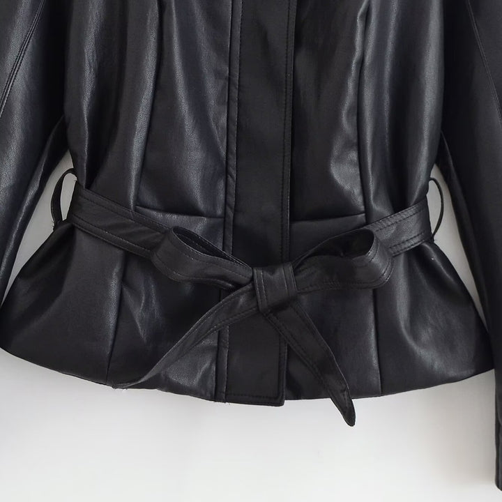 Women's Tailored Leather Look Jacket with Tie Belt and Balloon Sleeves Amarae
