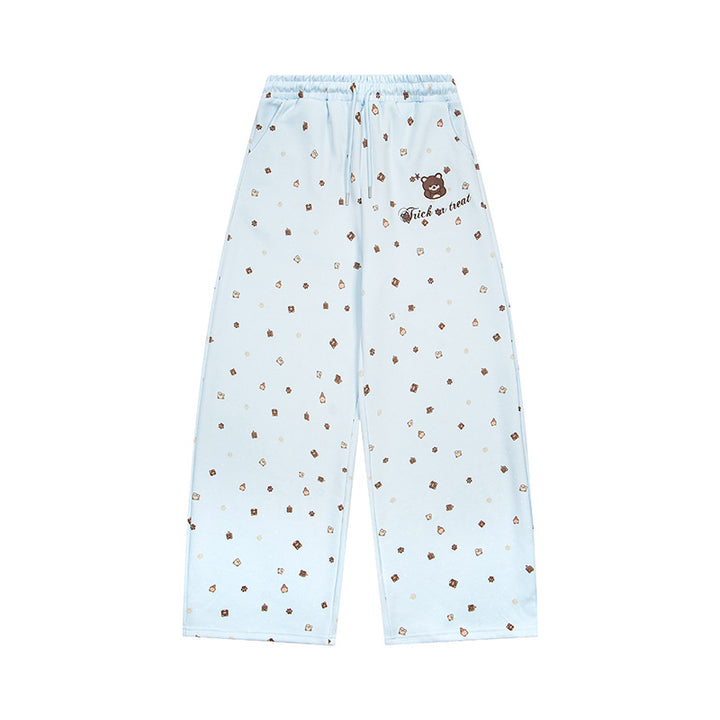 Women's Wide Lounge Pants in Culotte Style with Elastic Comfort Waistband and Cute Bear Print