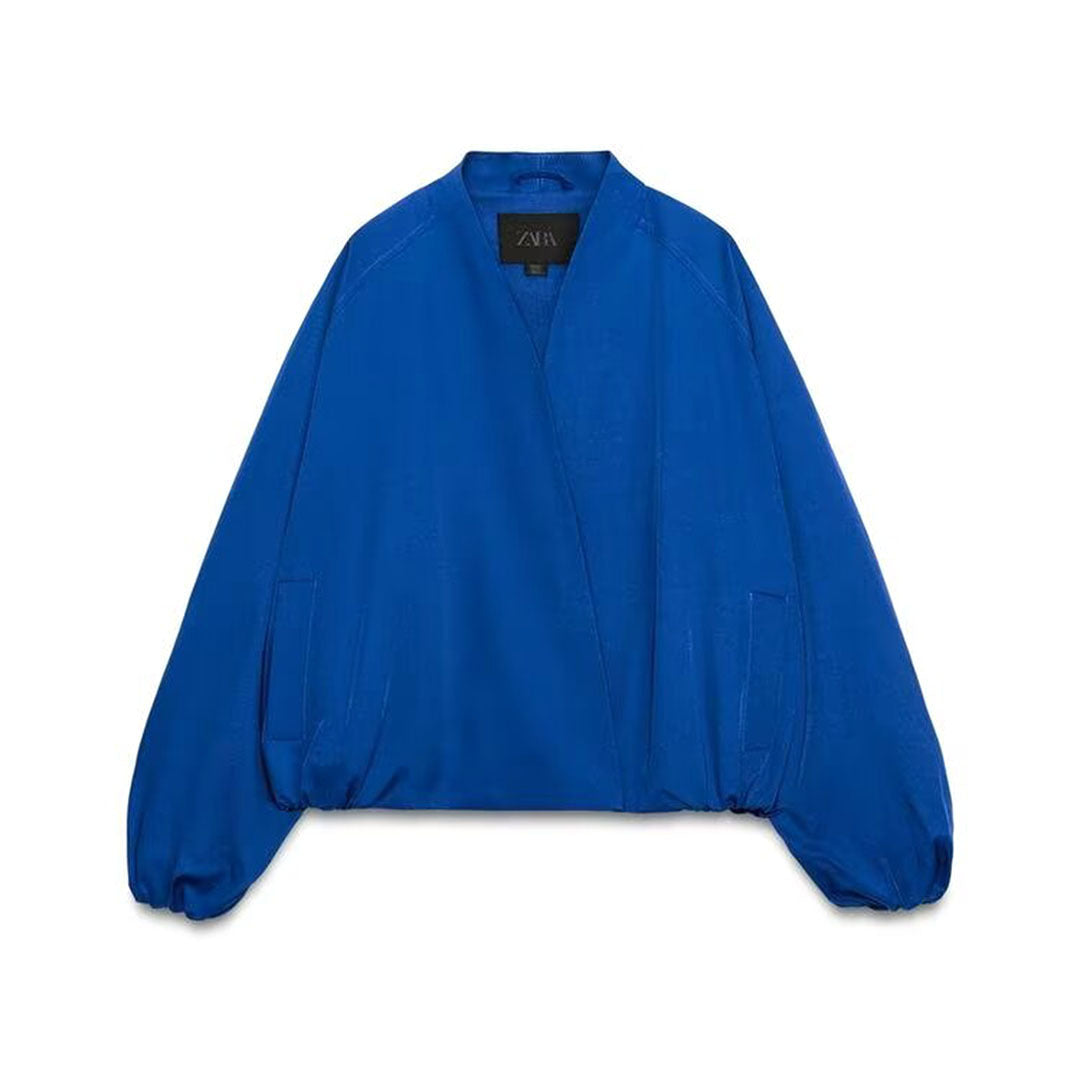 Women's bomber-style short jacket with kimono collar, balloon sleeves, and elastic hem Amarae