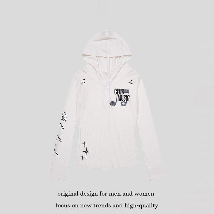 Women's Lightweight Long Sleeve Hoodie Henley Shirt with Button Placket, Hood and Music Print Amarae