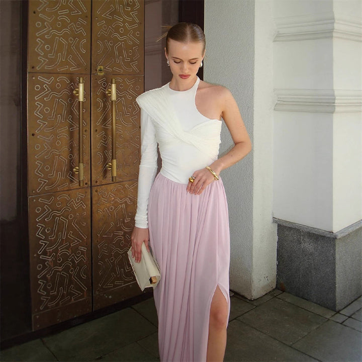 Women Asymmetric One-Shoulder Maxi Dress with Draped Top, Long Pleated Skirt and Leg Slit Amarae