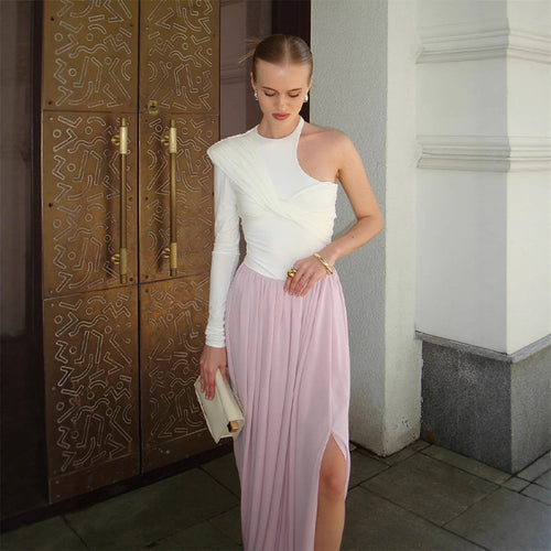 Women Asymmetric One-Shoulder Maxi Dress with Draped Top, Long Pleated Skirt and Leg Slit Amarae