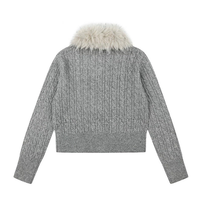 Women's Short Cable Knit Cardigan with Removable Faux Fur Collar and Toggle Button Closure Amarae