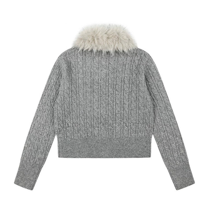 Women's Short Cable Knit Cardigan with Removable Faux Fur Collar and Toggle Button Closure Amarae
