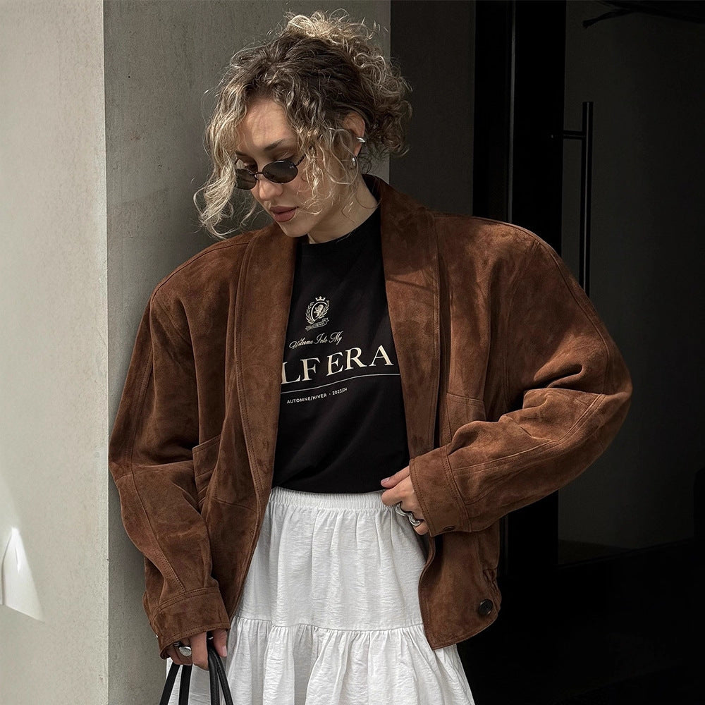 Women's Short Suede Boxy Jacket with Kimono-like Lapel Amarae