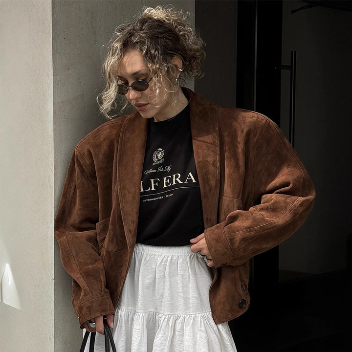 Women's Short Suede Boxy Jacket with Kimono-like Lapel Amarae
