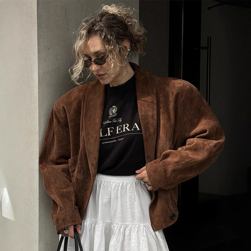 Women's Short Suede Boxy Jacket with Kimono-like Lapel Amarae
