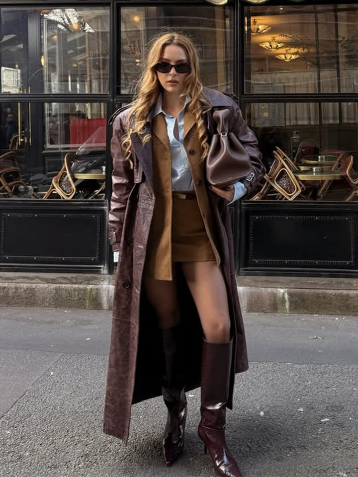 Women Long Trench Coat Made of Faux Leather with Oversized Shoulders and Tailored Silhouette Amarae