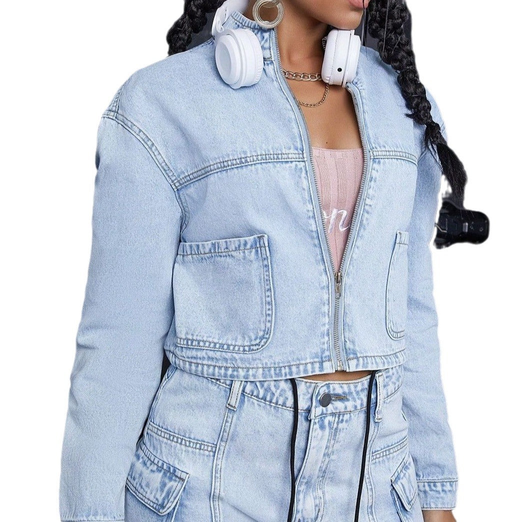 Women Cropped Denim Set consisting of short denim jacket and High-Waist Cargo Jeans Amarae