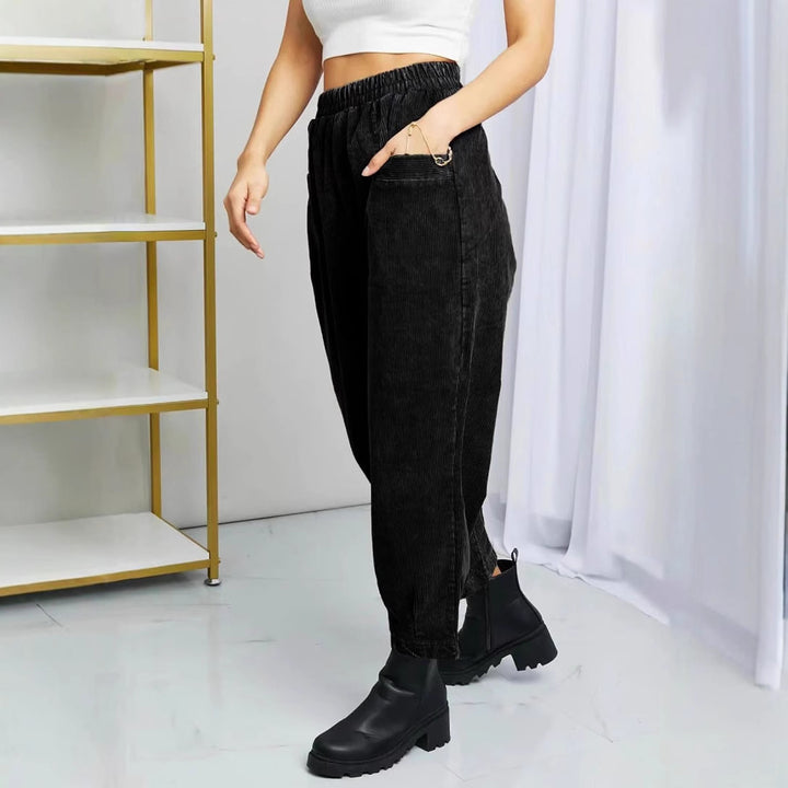 Ladies Comfortable Corduroy Leisure Pants with Elastic Waist and Pockets Lune London
