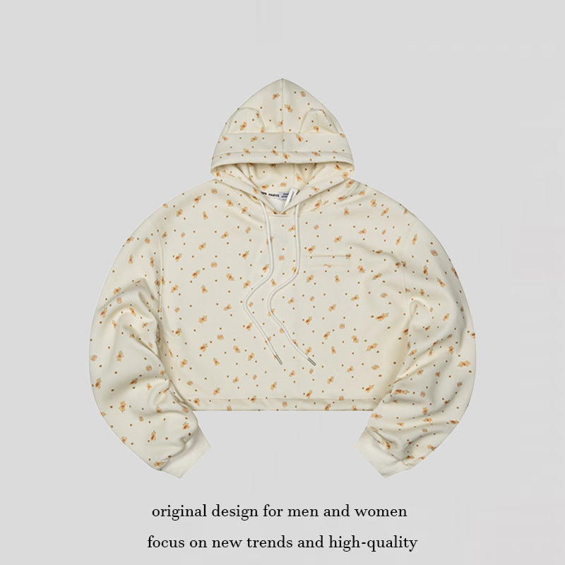 Women's Cropped Hoodie Sweatshirt with Allover Floral Print, Chest Pocket and Ruffled Hem Amarae