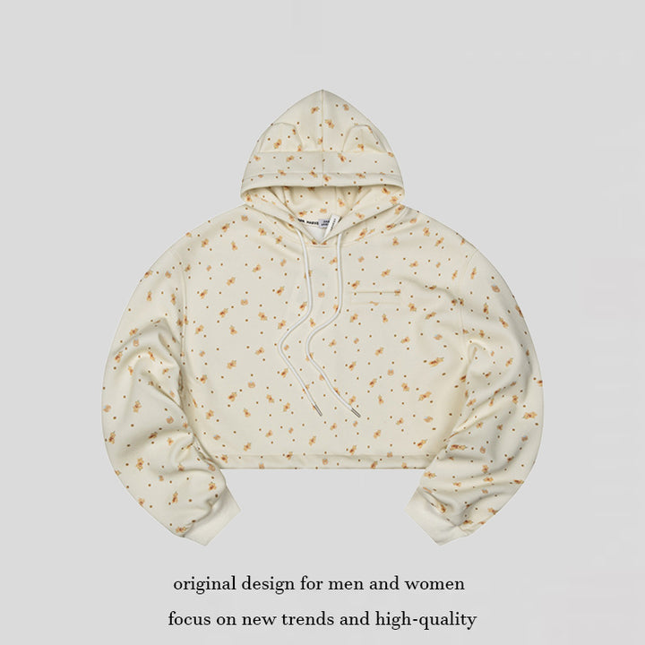 Women's Cropped Hoodie Sweatshirt with Allover Floral Print, Chest Pocket and Ruffled Hem Amarae