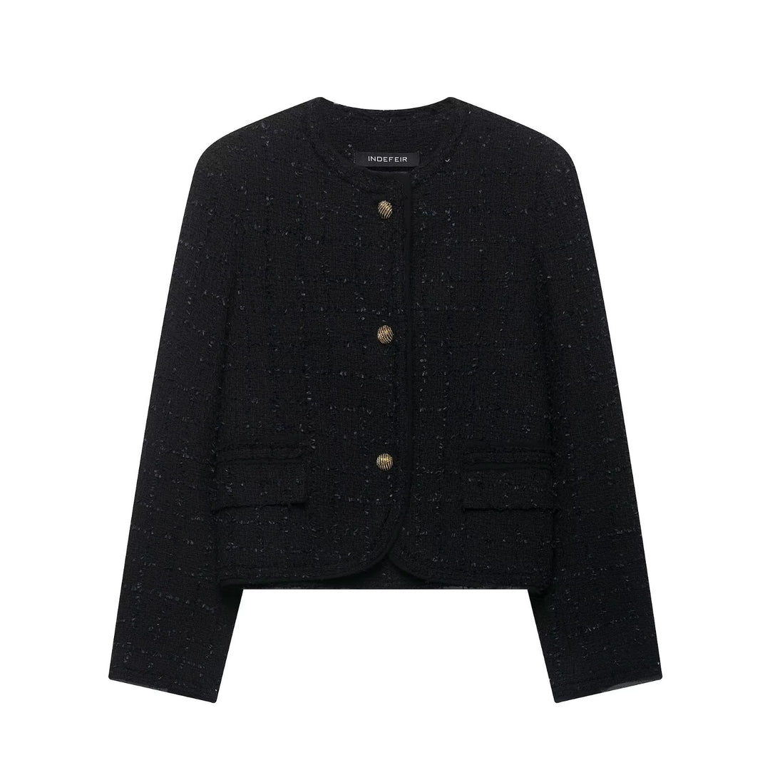 Women's Short Bouclé Tweed Jacket without Collar with Gold Decorative Buttons Amarae