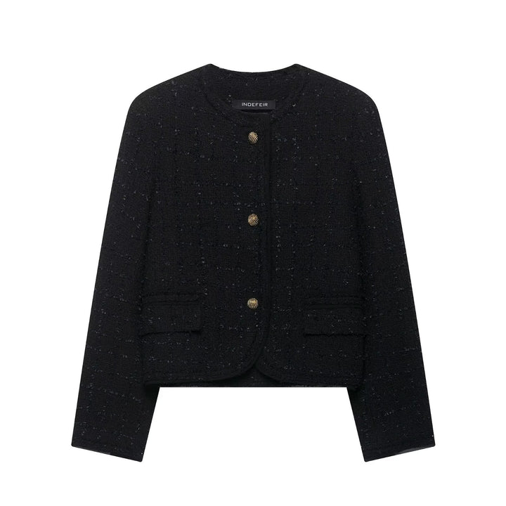 Women's Short Bouclé Tweed Jacket without Collar with Gold Decorative Buttons Amarae