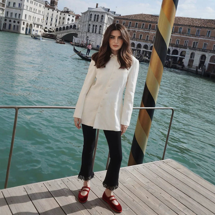 Women's tailored long blazer with a stand collar, boxy shoulder, and concealed button placket Amarae