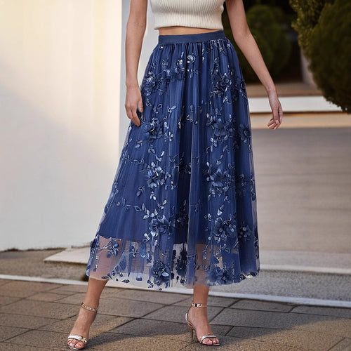 Elegant tulle skirt for women with floral embroidery and elastic waist Amarae