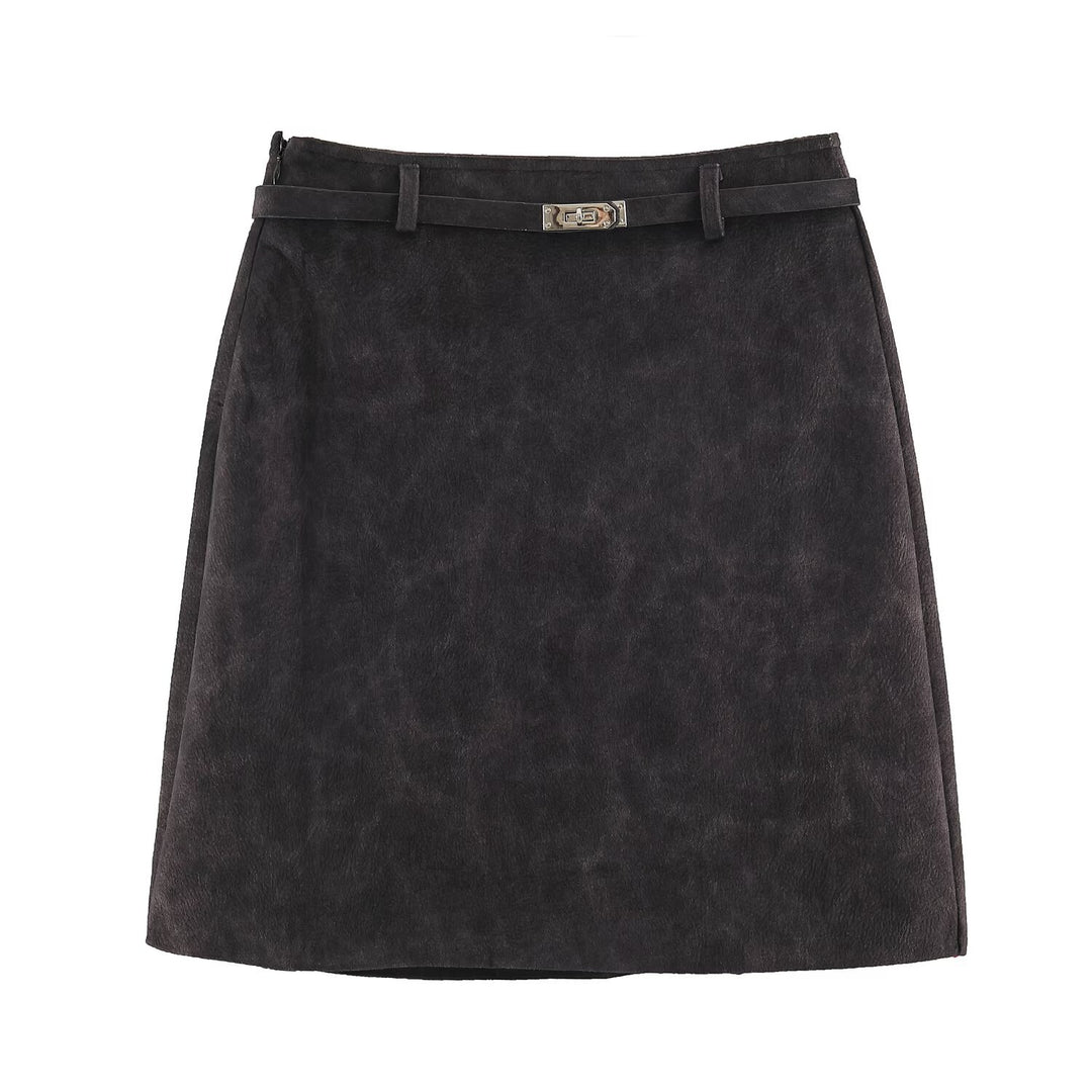 Women A-line mini skirt made of faux suede with narrow decorative belt Amarae