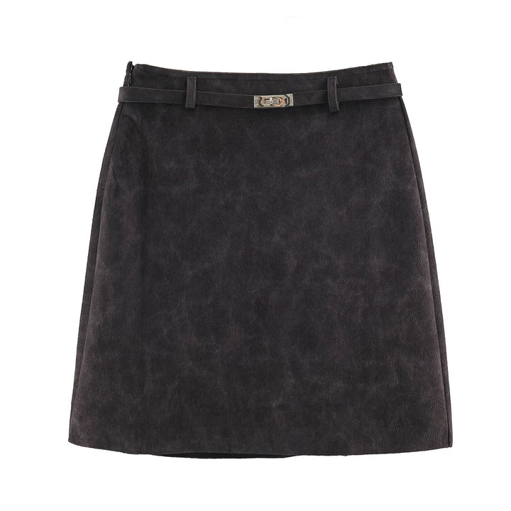 Women A-line mini skirt made of faux suede with narrow decorative belt Amarae