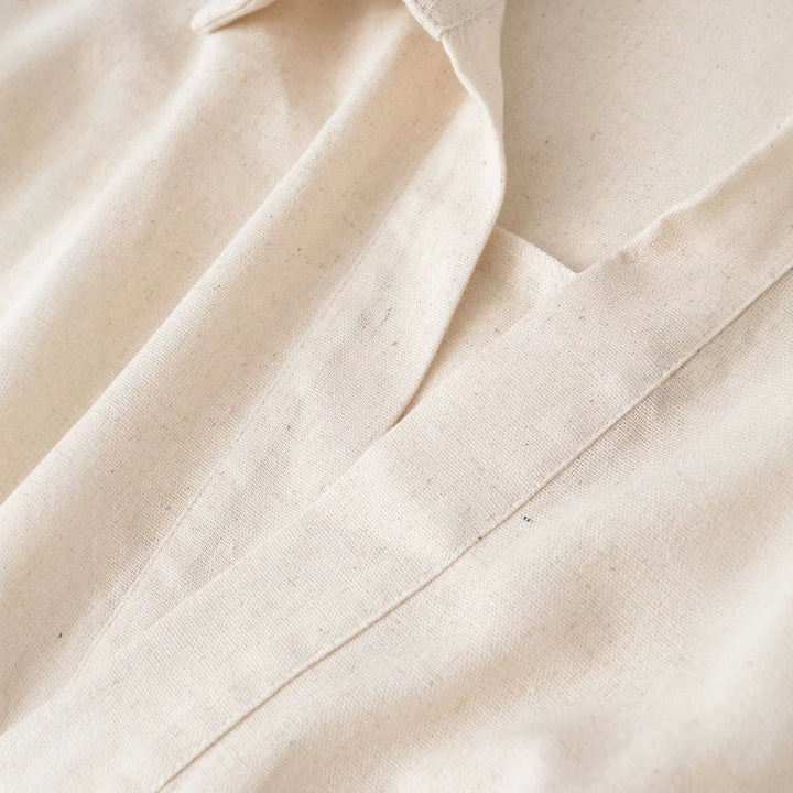 Women's Oversized Linen Blouse with Open V-Neck and Gathered Hem Amarae