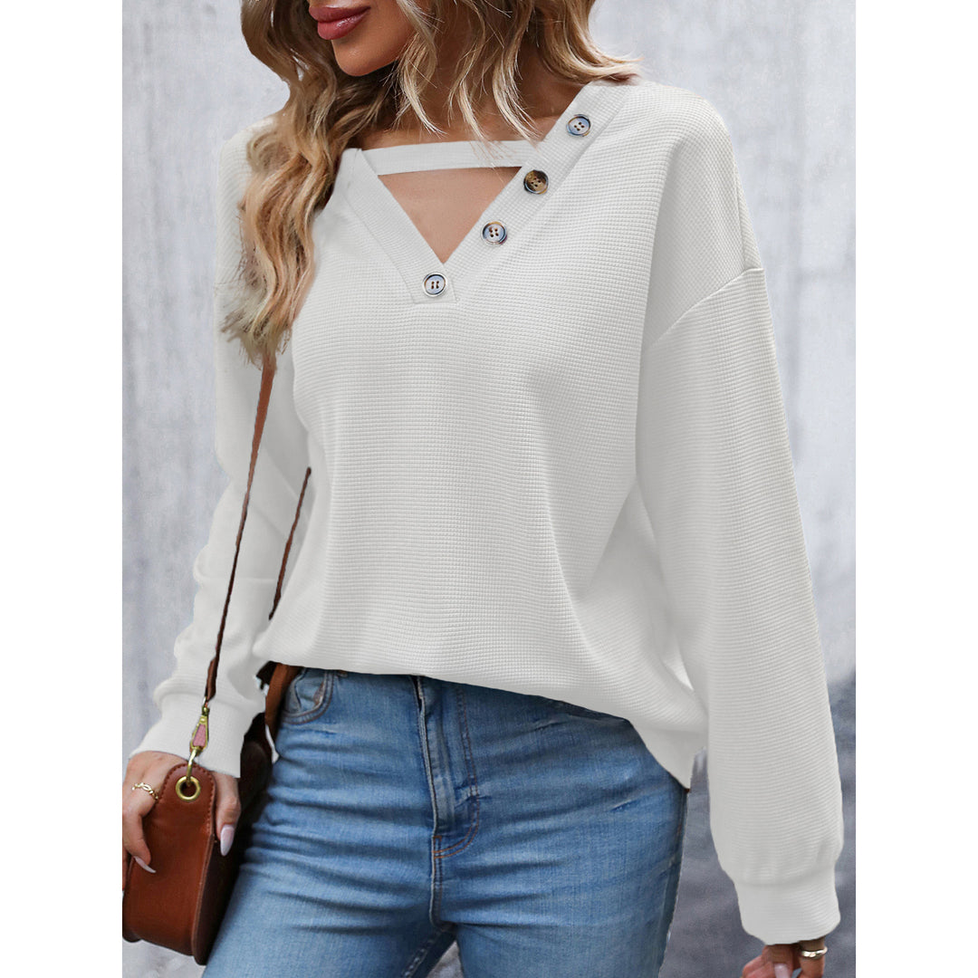 Ladies Casual Hoodie with Decorative Buttons and Deep V-Neck Lune London
