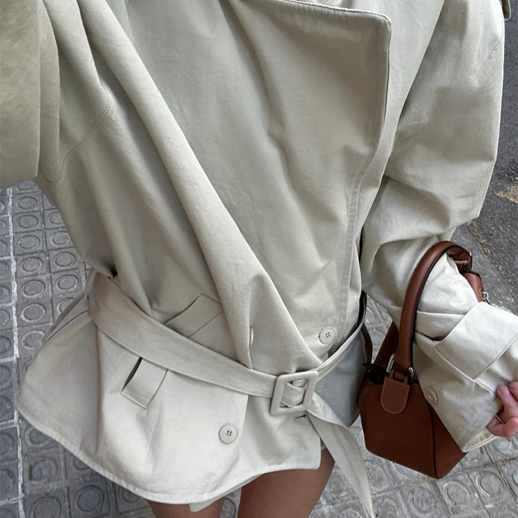Women's short trench coat made of cotton blend with waist belt & shoulder epaulettes Amarae
