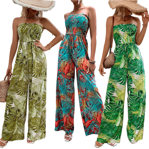 Ladies Sleeveless Tropical Print Wide Leg Jumpsuit Amarae