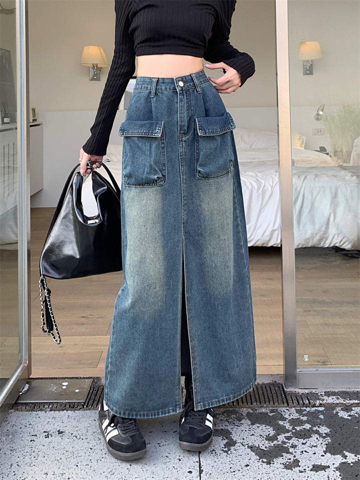 Jupe en denim longue pour femmes avec poches plaquées pratiques Chic & Stil