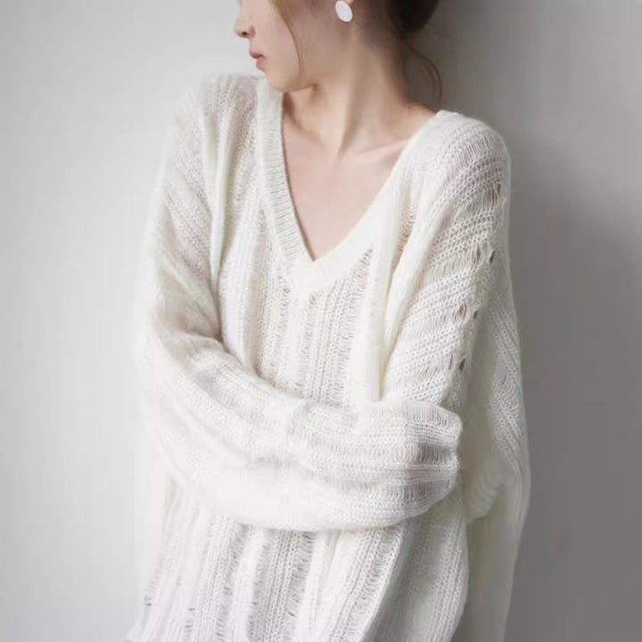 Pull en tricot épais pour femme avec col en V décontracté et structure tendance Chic & Stil
