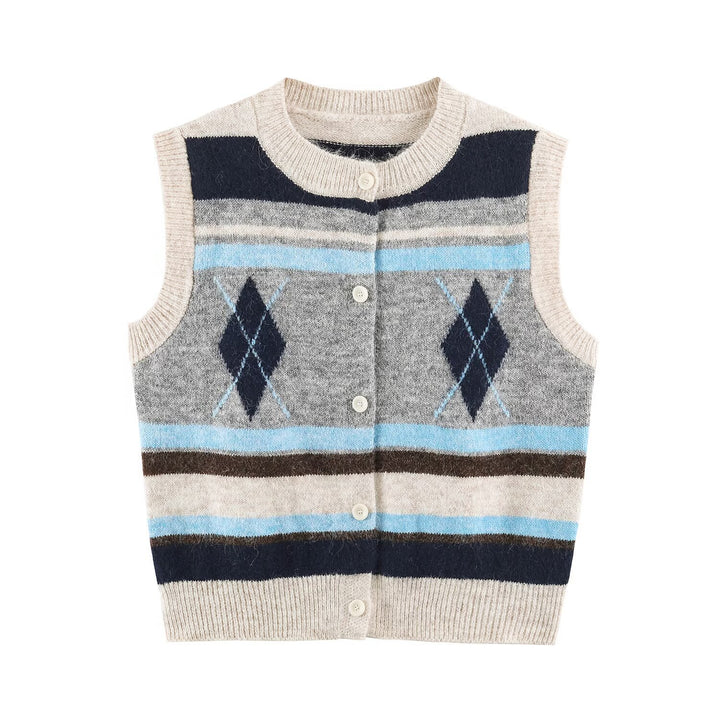 Ladies Sleeveless Argyle Knitted Vest with Continuous Button Placket and Ribbed Hem Amarae