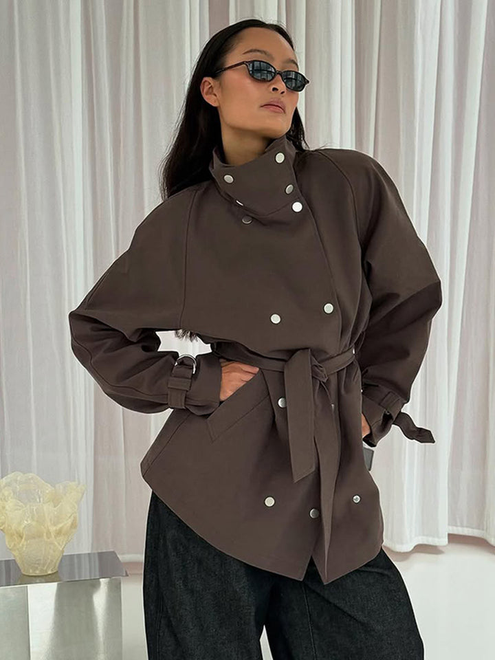 Women's Tailorable Oversized Short Trench Coat with High Stand Collar, Snap Button Front and Belt Amarae