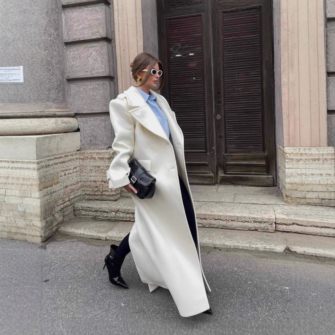 Women's Maxi Tailored Wool Blend Coat with Wrap Belt and Generous Lapel Collar Amarae