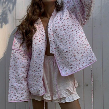 Women's Padded Short Quilted Jacket with Floral Micro Print, Contrast Piping & Boxy Silhouette Amarae