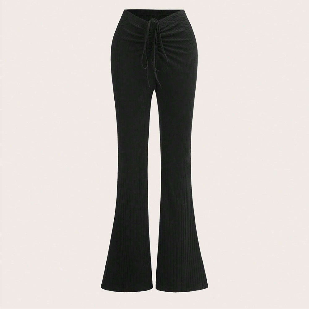 Pantalon à panneaux côtelés pour femmes avec taille haute et cordon de serrage latéral Chic & Stil