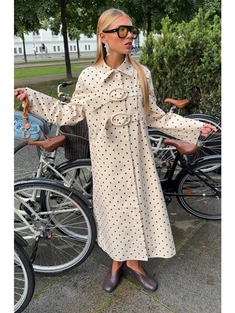 Women's Long Polka Dot Trench Coat with Oversized Lapels and Decorative Eyelets Amarae