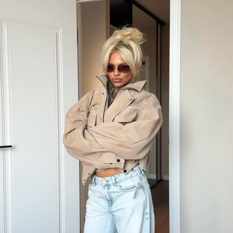 Women Oversize Suede Look Jacket with Flap Pockets and Stand-Up Collar Amarae