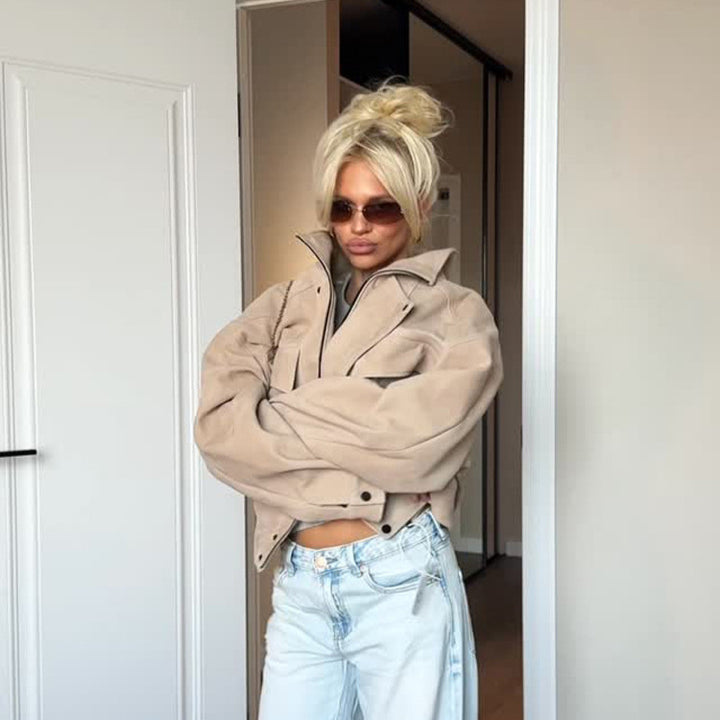 Women Oversize Suede Look Jacket with Flap Pockets and Stand-Up Collar Amarae