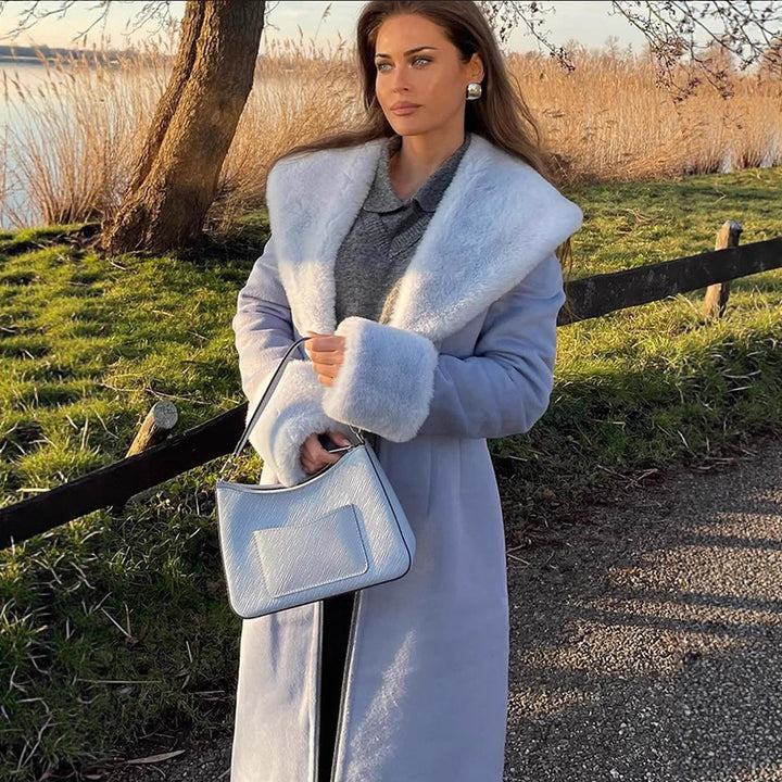 Women Elegant long-cut coat made of velour look with voluminous faux fur shawl collar Amarae