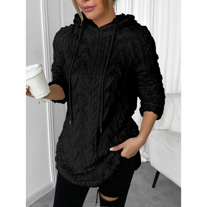 Women Cozy Teddy Hoodie with Cable Knit Pattern Drawstring and Rounded Hem Amarae