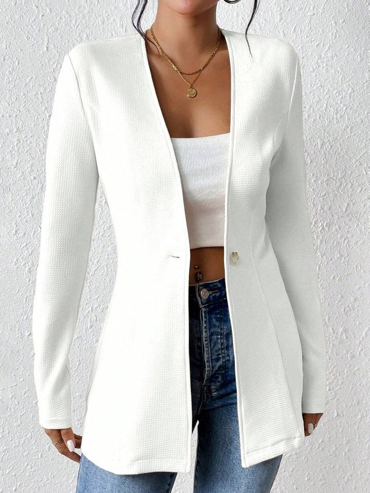 Ladies Tailored Long Blazer with V-Neck and One-Button Closure Amarae