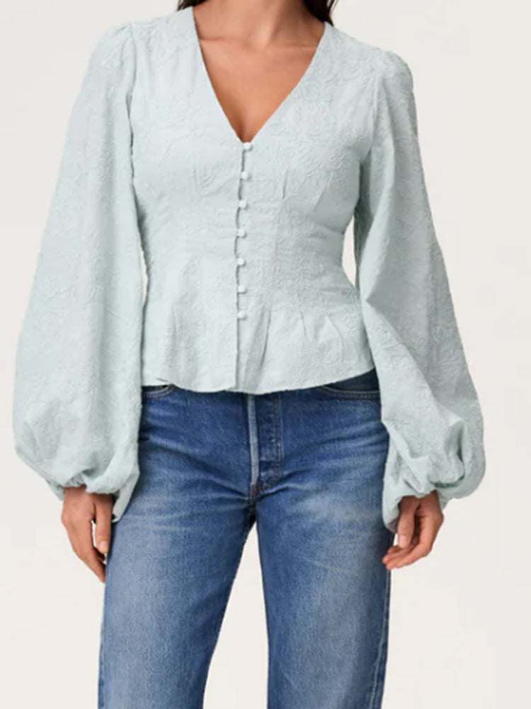 Women's jacquard lace blouse with fitted peplum and balloon sleeves Amarae