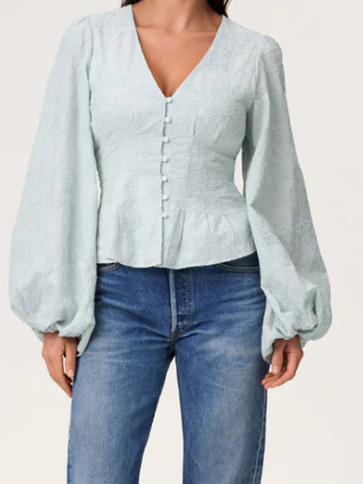 Women's jacquard lace blouse with fitted peplum and balloon sleeves Amarae
